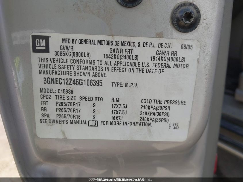 2006 Chevrolet Avalanche 1500 Z66 VIN: 3GNEC12Z46G106395 Lot: 41983085