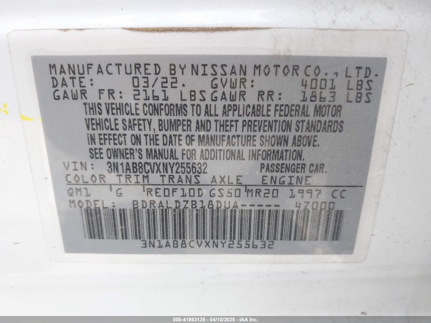 2022 NISSAN SENTRA VIN: 3N1AB8CVXNY255632