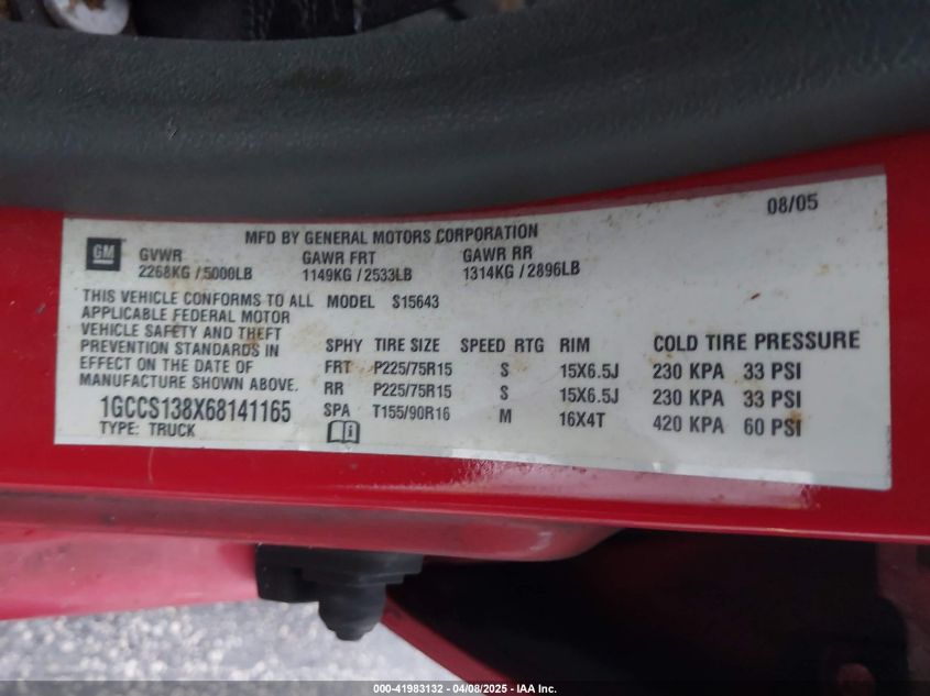 2006 Chevrolet Colorado VIN: 1GCCS138688141165 Lot: 41983132