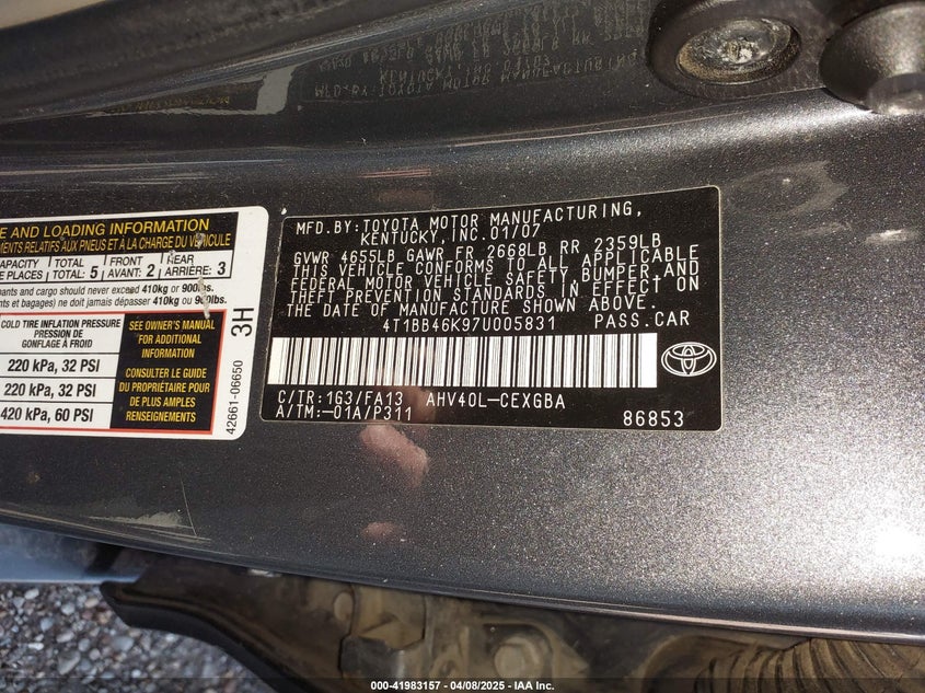 2007 TOYOTA CAMRY VIN: 4T1BB46K97U005831