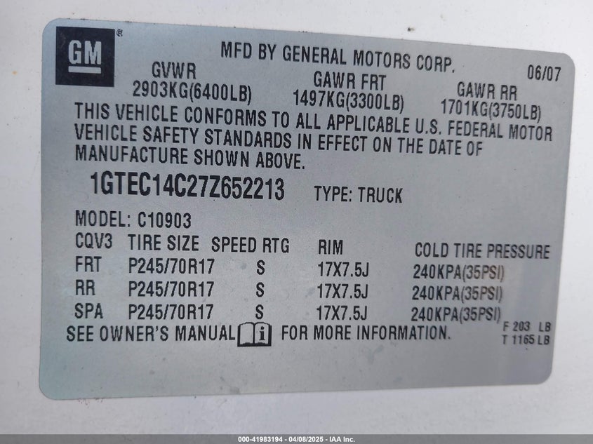 2007 GMC SIERRA 1500 VIN: 1GTEC14C27Z652213