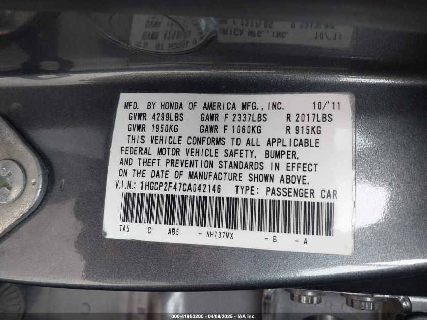 2012 Honda Accord 2.4 Lx-P VIN: 1HGCP2F47CA042146 Lot: 41983200