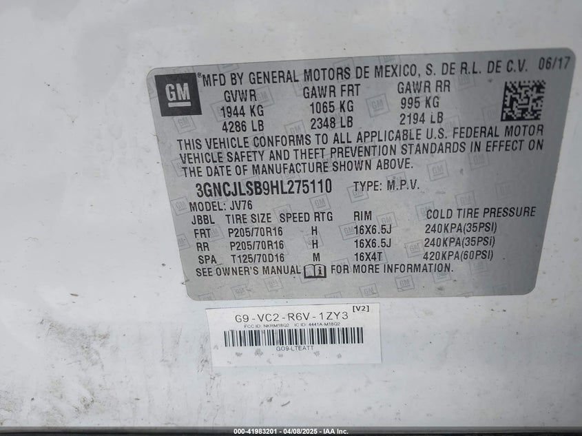 2017 CHEVROLET TRAX 1LT - 3GNCJLSB9HL275110