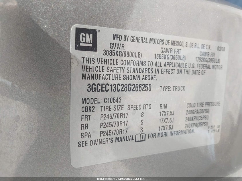 2008 CHEVROLET SILVERADO VIN: 3GCEC13C28G266250