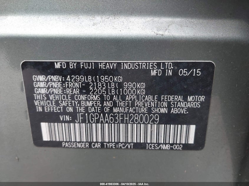 2015 SUBARU IMPREZA 2.0I - JF1GPAA63FH280029