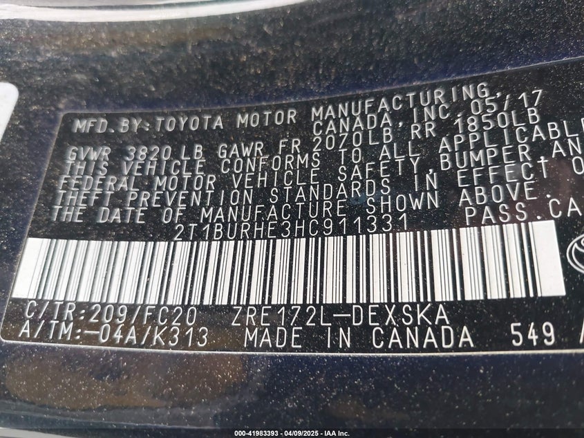 2017 TOYOTA COROLLA SE - 2T1BURHE3HC911331