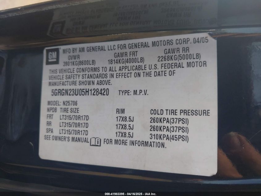 2005 Hummer H2 Suv VIN: 5GRGN23U05H128420 Lot: 41983395