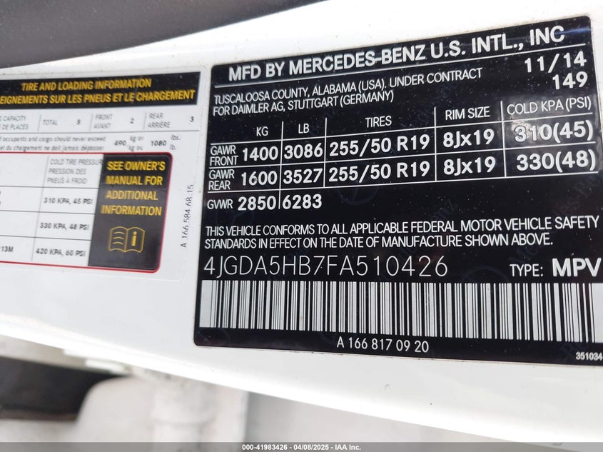 2015 MERCEDES-BENZ ML 350 4MATIC - 4JGDA5HB7FA510426