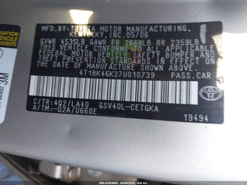 2007 TOYOTA CAMRY VIN: 4T1BK46K27U010739