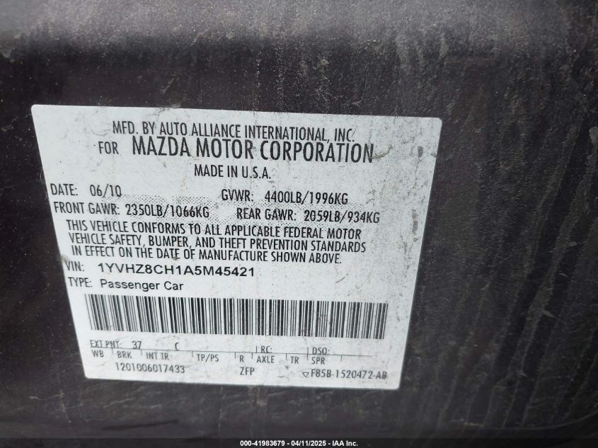 2010 Mazda 6 I Grand Touring/I Touring/I Touring Plus VIN: 01YVHZ8CH1A5M4542 Lot: 41983679