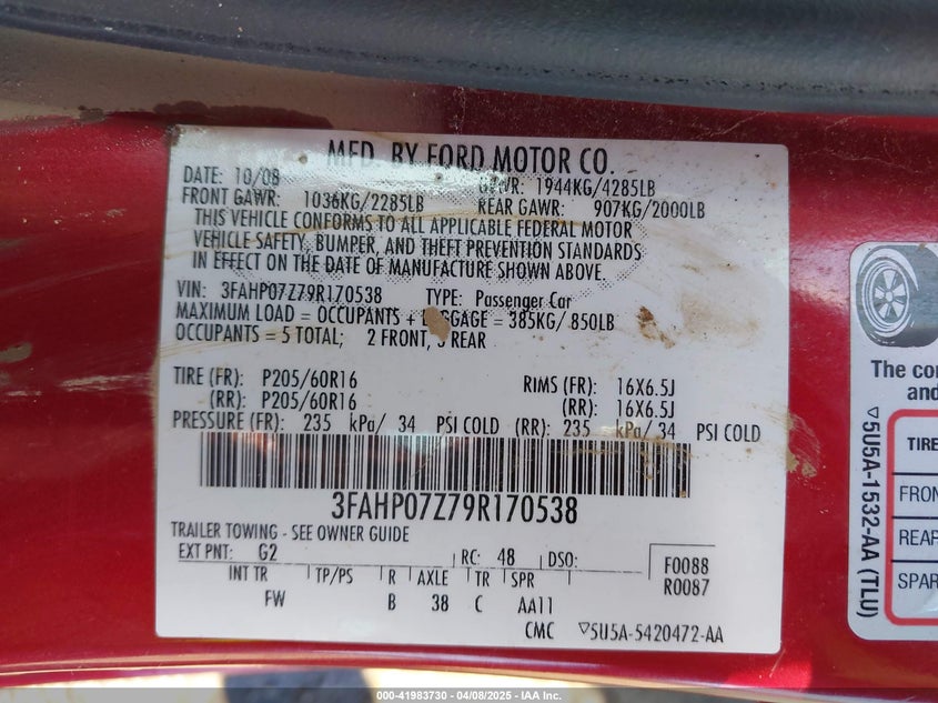 2009 FORD FUSION VIN: 3FAHP07Z79R170538