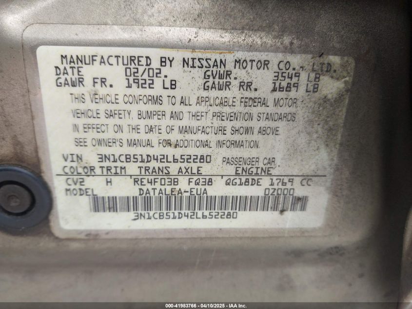 2002 Nissan Sentra Gxe VIN: 3N1CB51D42L652280 Lot: 41983766