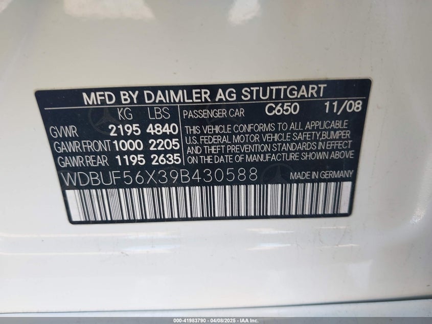 2009 Mercedes-Benz E 350 VIN: WDBUF56X39B430588 Lot: 41983790