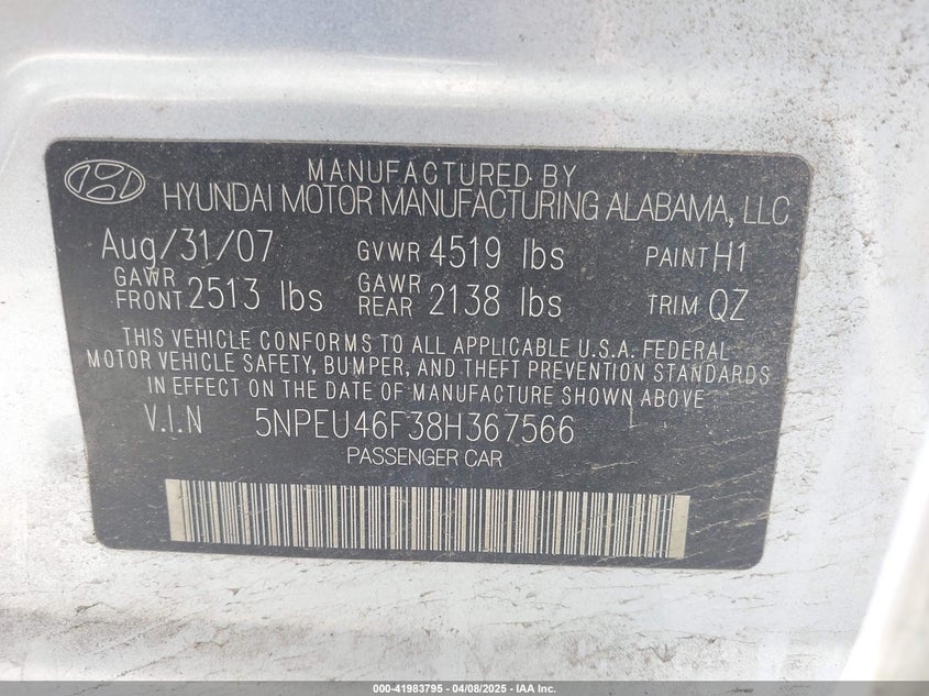 2008 HYUNDAI SONATA VIN: 5NPEU46F38H367566