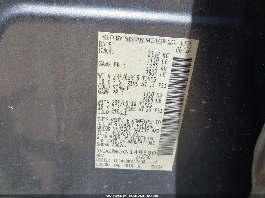 2016 Nissan Murano Sv VIN: 5N1AZ2MG3GN149590 Lot: 41983797