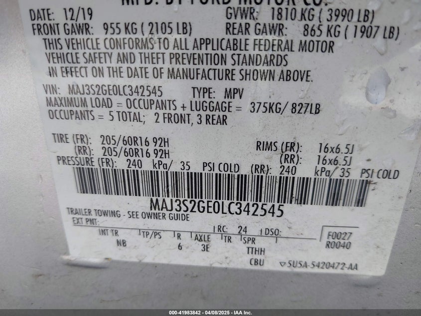2020 FORD ECOSPORT VIN: MAJ3S2GE0LC342545