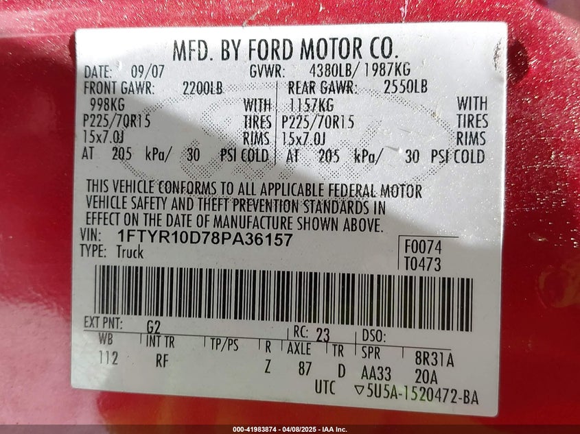 2008 FORD RANGER VIN: 1FTYR10D78PA36157