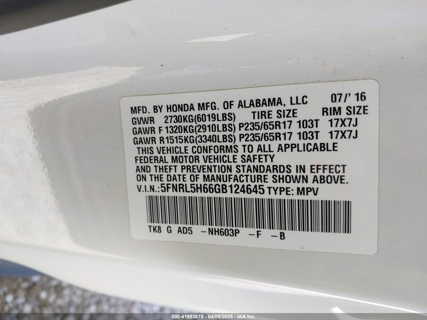 2016 HONDA ODYSSEY VIN: 5FNRL5H66GB124645