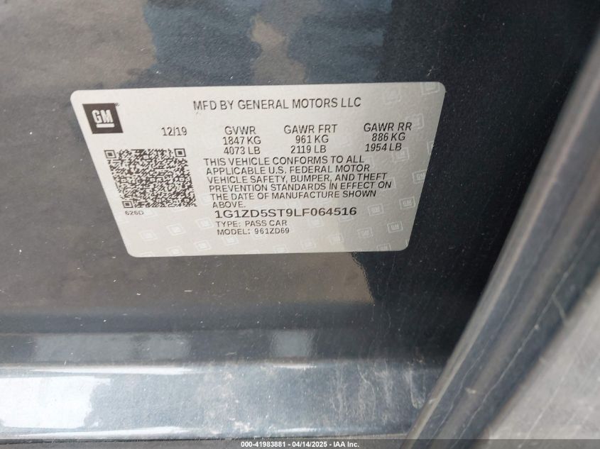 2020 Chevrolet Malibu Fwd Lt VIN: 1G1ZD5ST9LF064516 Lot: 41983881