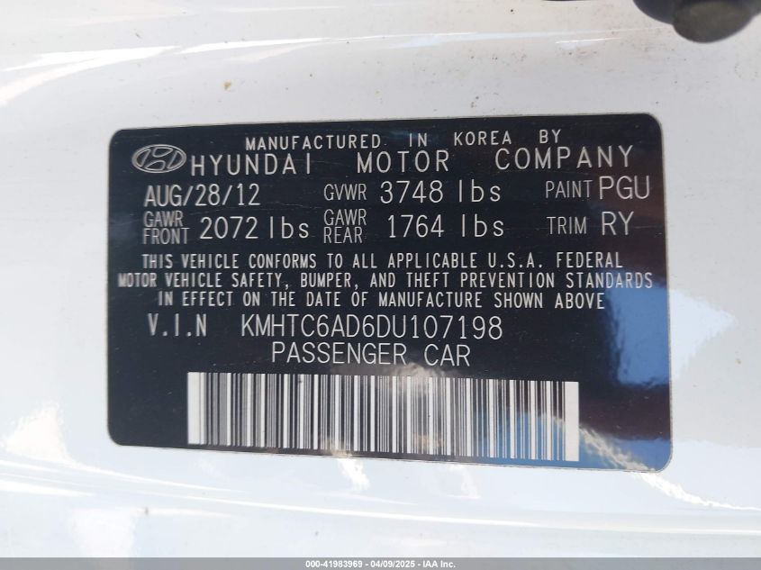 2013 Hyundai Veloster Base W/Gray VIN: KMHTC6AD6DU107198 Lot: 41983969