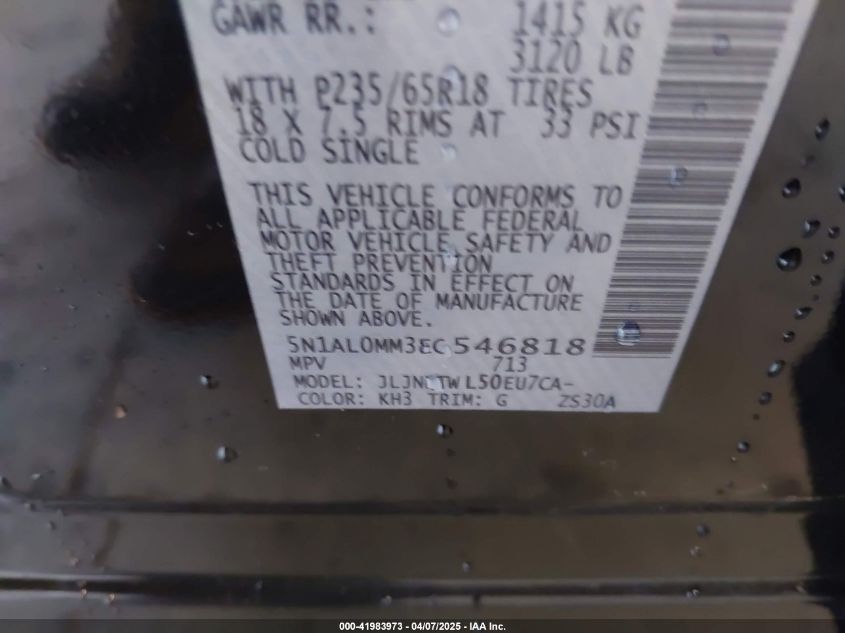 2014 Infiniti Qx60 VIN: 5N1AL0MM3EC546818 Lot: 41983973