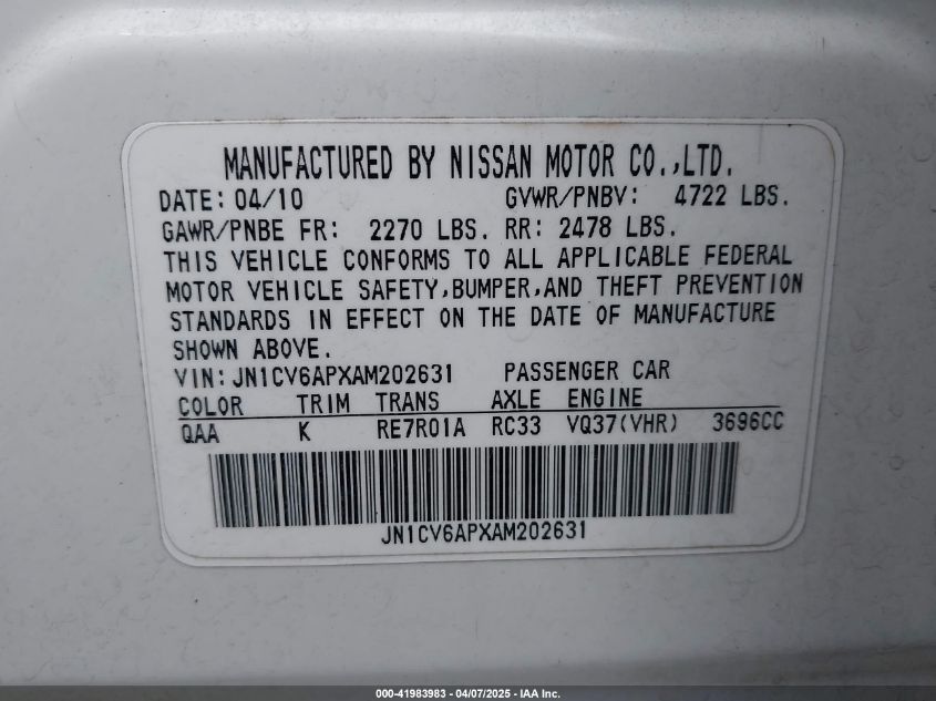 2010 Infiniti G37 Journey VIN: JN1CV6APXAM202631 Lot: 41983983