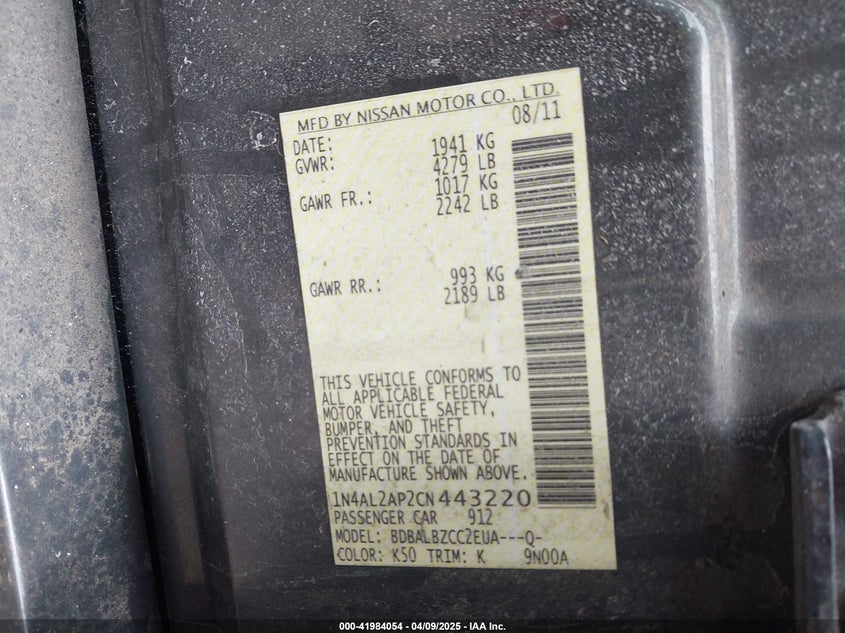2012 NISSAN ALTIMA VIN: 1N4AL2AP2CN443220