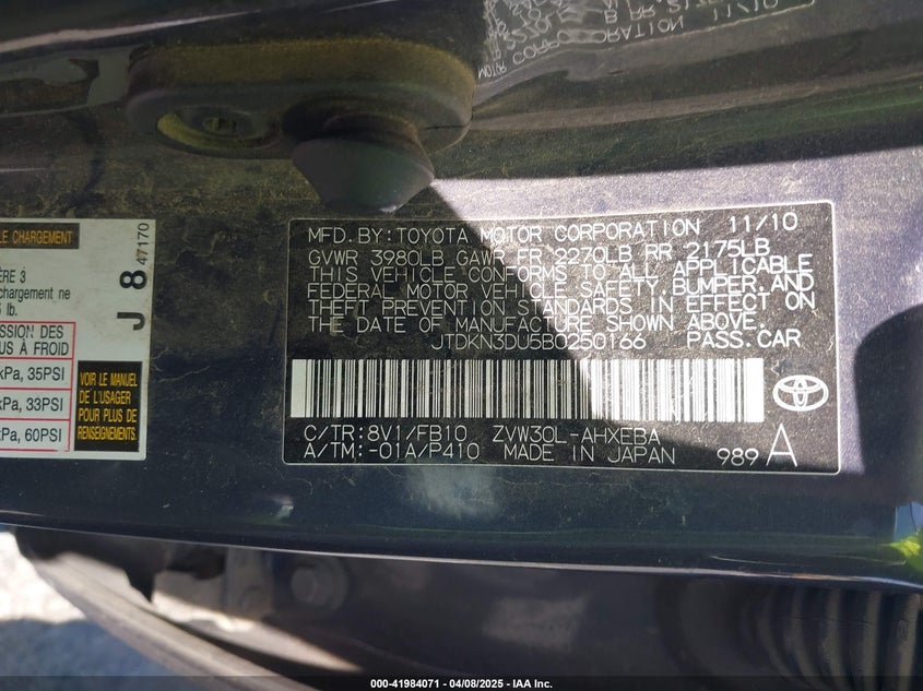 2011 TOYOTA PRIUS VIN: JTDKN3DU5B0250166
