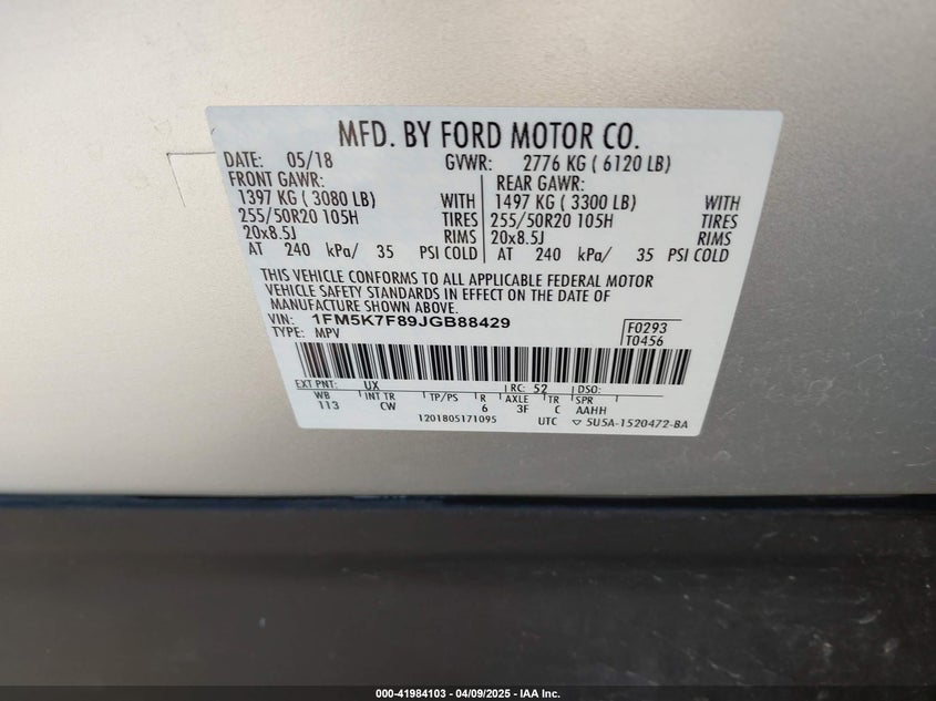 2018 FORD EXPLORER VIN: 1FM5K7F89JGB88429
