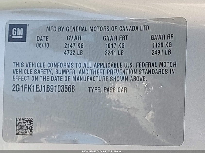 2011 CHEVROLET CAMARO VIN: 2G1FK1EJ1B9103568