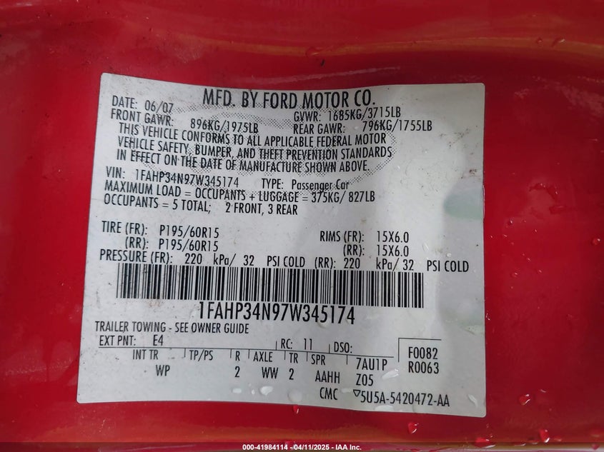 2007 FORD FOCUS VIN: 1FAHP34N97W345174