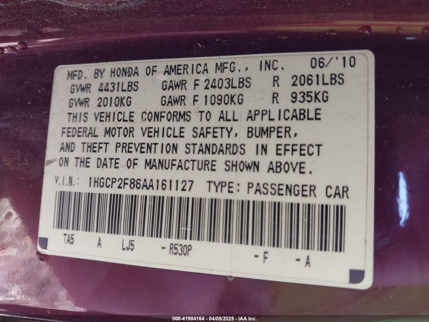 2010 Honda Accord Sdn 2.4 Ex-L/Ex-L VIN: 1HGCP2F86AA161127 Lot: 41984164