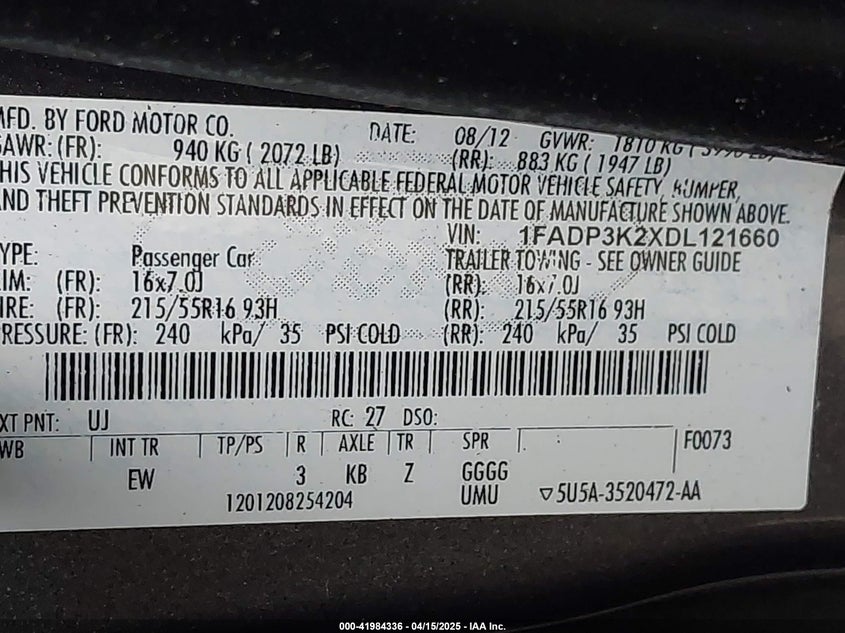 2013 FORD FOCUS VIN: 1FADP3K2XDL121660