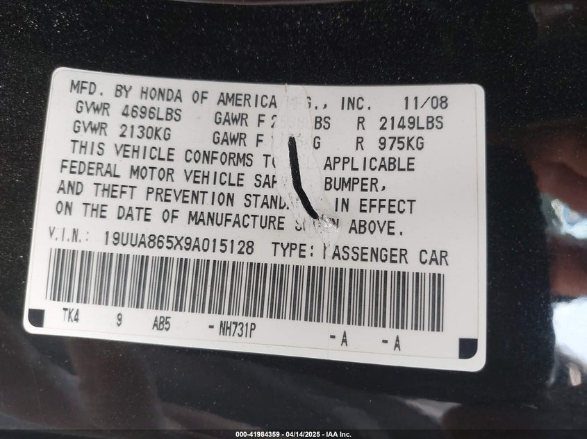 2009 ACURA TL VIN: 19UUA865X9A015128