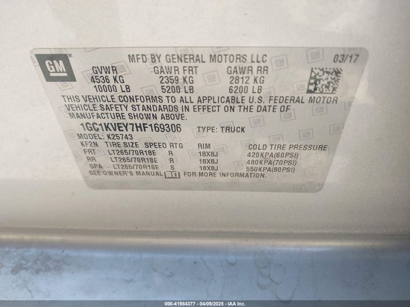 2017 Chevrolet Silverado 2500Hd Lt VIN: 1GC1KVEY7HF169306 Lot: 41984377