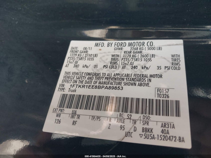 2011 FORD RANGER VIN: 1FTKR1EE8BPA89853