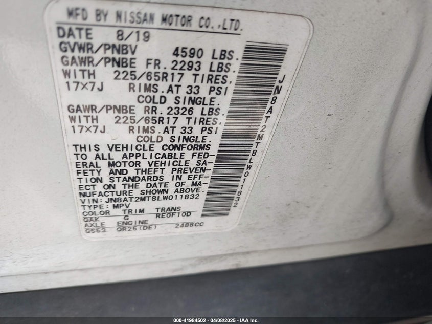 2020 NISSAN ROGUE SV FWD - JN8AT2MT8LW011832