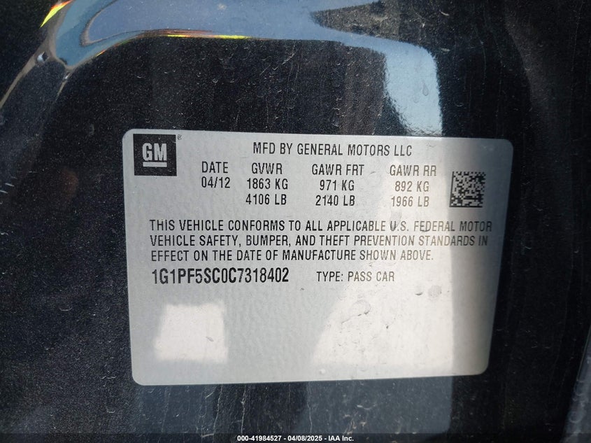 2012 CHEVROLET CRUZE VIN: 1G1PF5SC0C7318402
