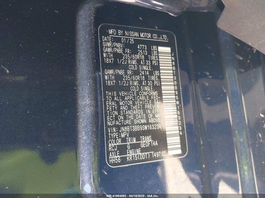 VIN JN8BT3BB9SW163234 2025 NISSAN ROGUE SV/RC