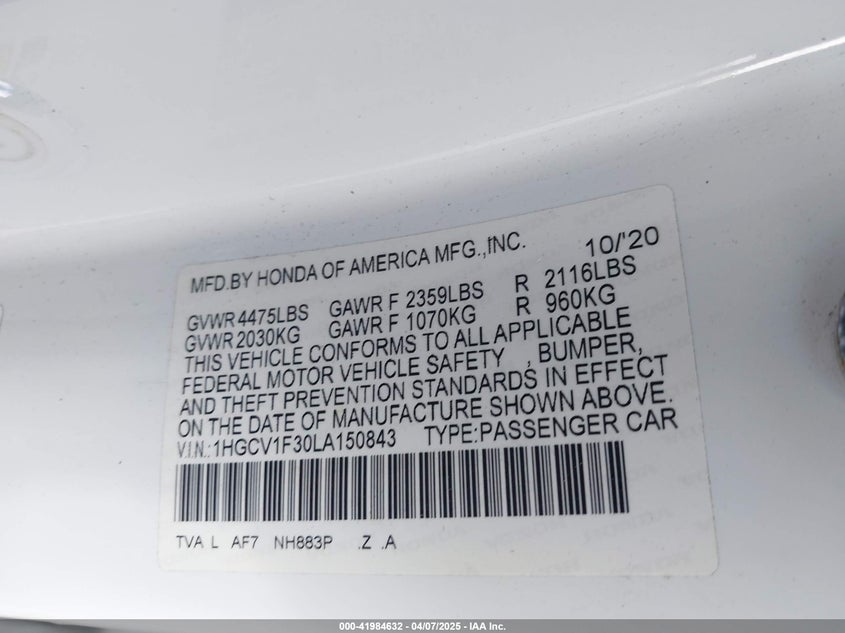 2020 HONDA ACCORD VIN: 1HGCV1F30LA150843