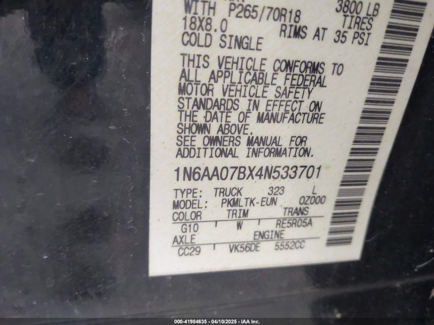 2004 Nissan Titan Le/Se/Xe VIN: 1N6AA06BX4N533701 Lot: 41984635