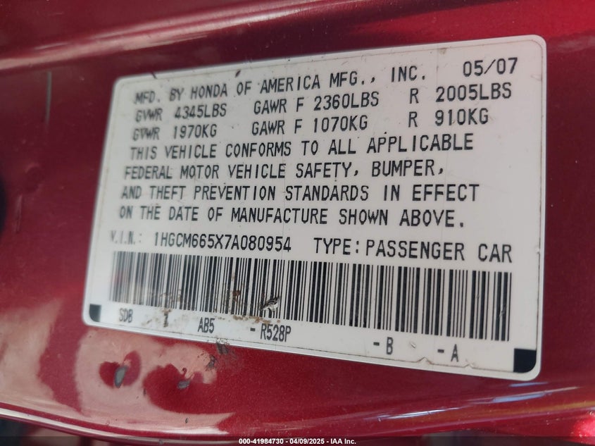 2007 HONDA ACCORD VIN: 1HGCM665X7A080954