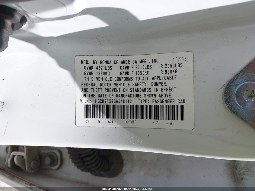 2016 HONDA ACCORD VIN: 1HGCR2F52GA049112