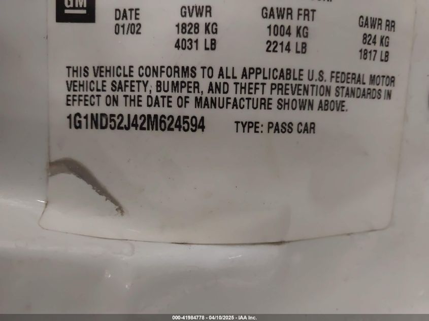 2002 Chevrolet Malibu VIN: 1G1ND52342M624594 Lot: 41984778