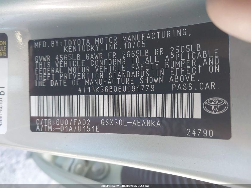 2006 Toyota Avalon Xl VIN: 4T1BK36B06U091779 Lot: 41984821