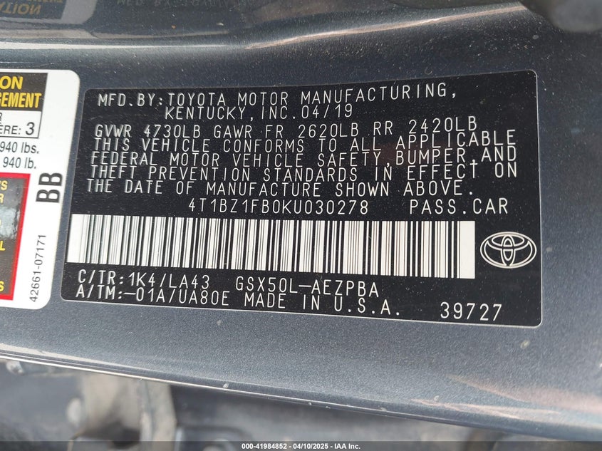2019 TOYOTA AVALON VIN: 4T1BZ1FB0KU030278