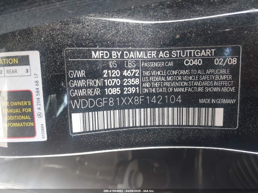 2008 Mercedes-Benz C 300 Luxury 4Matic/Sport 4Matic VIN: WDDGF81XX8F142104 Lot: 41984862