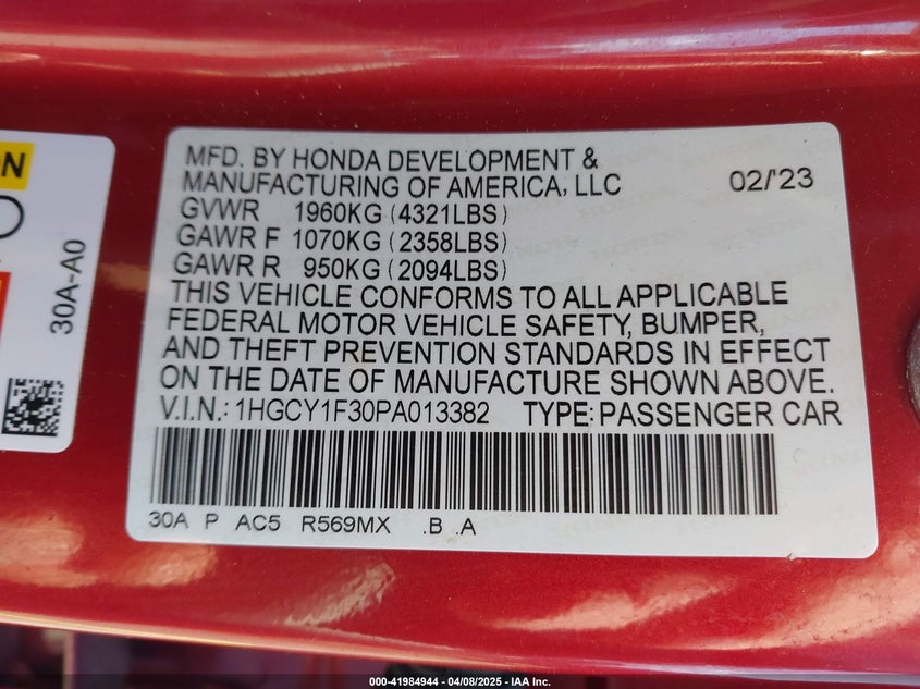 2023 HONDA ACCORD VIN: 1HGCY1F30PA013382