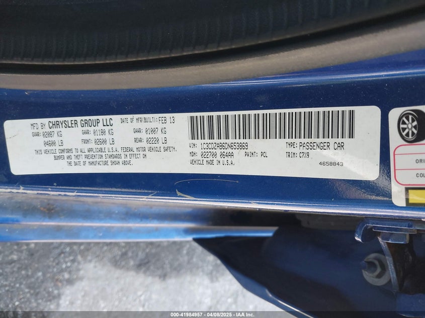 2013 DODGE AVENGER VIN: 1C3CDZAB6DN653869
