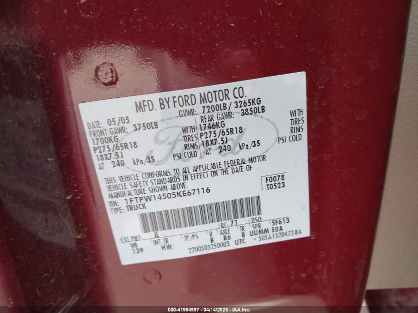 2005 Ford F-150 Fx4/Lariat/Xlt VIN: 1FTPW14505KE67116 Lot: 41984997